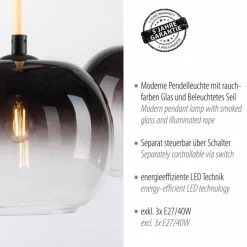 Suspension Verre Fumé-Luminaires Paul Neuhaus Suspension Paul Neuhaus LUMA Noir, 3 lumières