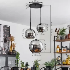 Suspension Verre Fumé-hofstein Suspension Verre 20 cm, 25 cm, 30cm Koyoto Chrome, Fumé, 3 lumières