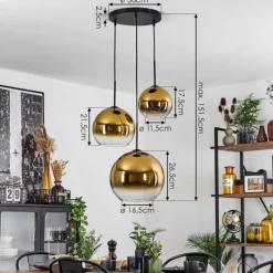 hofstein Suspension Verre 20 cm, 25 cm, 30cm Koyoto Or, Clair, 3 lumières