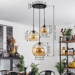 hofstein Suspension Verre 20 cm, 25 cm, 30cm Koyoto Ambre, 3 lumières
