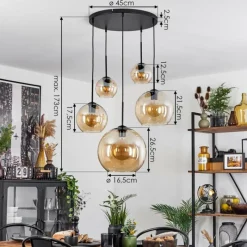 hofstein Suspension Verre 15 cm, 20 cm, 25 cm, 30cm Koyoto Ambre, 5 lumières