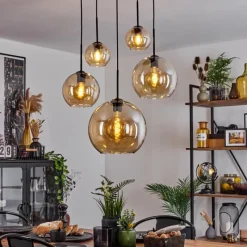 hofstein Suspension Verre 15 cm, 20 cm, 25 cm, 30cm Koyoto Ambre, 5 lumières