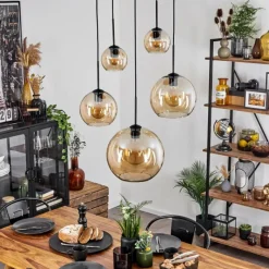 hofstein Suspension Verre 15 cm, 20 cm, 25 cm, 30cm Koyoto Ambre, 5 lumières