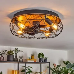 hofstein Tourais Plafonnier, Ventilateur de plafond lumineux LED Couleur bois, Noir, 4 lumières, Télécommandes