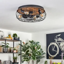 hofstein Tourais Plafonnier, Ventilateur de plafond lumineux LED Couleur bois, Noir, 4 lumières, Télécommandes