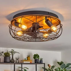 hofstein Tourais Plafonnier, Ventilateur de plafond lumineux LED Couleur bois, Noir, 4 lumières, Télécommandes