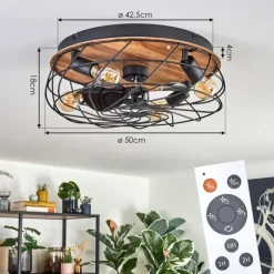 hofstein Tourais Plafonnier, Ventilateur de plafond lumineux LED Couleur bois, Noir, 4 lumières, Télécommandes