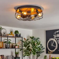 hofstein Tourais Plafonnier, Ventilateur de plafond lumineux LED Couleur bois, Noir, 4 lumières, Télécommandes