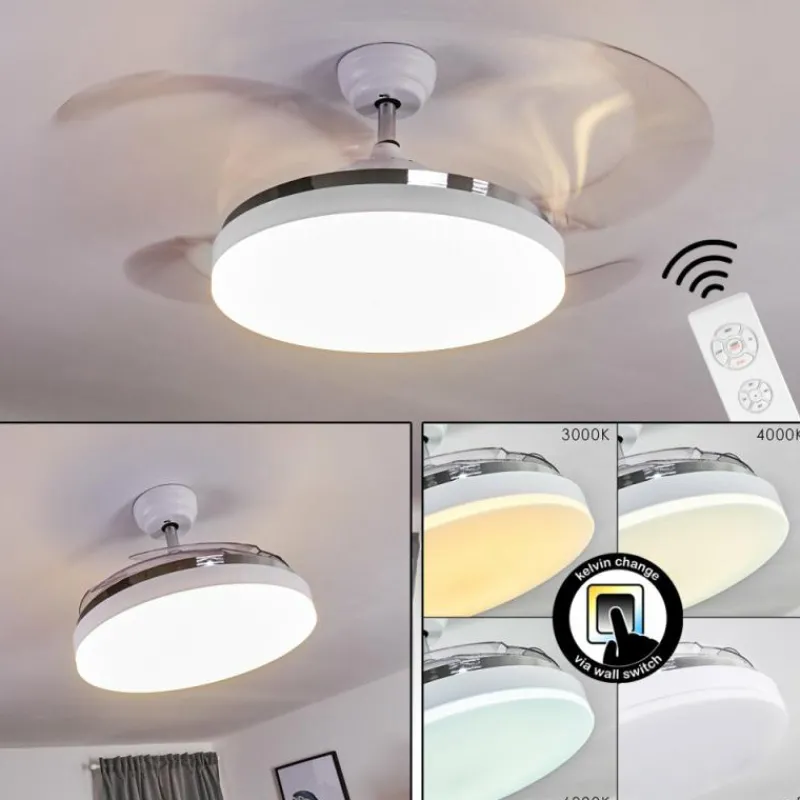 hofstein Ventilateur de plafond Bendigo LED Chrome, Transparent, Blanc, 1 lumière
