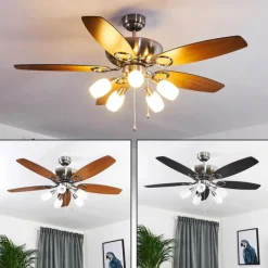 hofstein Ventilateur de plafond Irving Chrome, Gris, Bois clair, 5 lumières