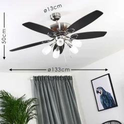 hofstein Ventilateur de plafond Irving Chrome, Gris, Bois clair, 5 lumières