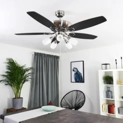 hofstein Ventilateur de plafond Irving Chrome, Gris, Bois clair, 5 lumières