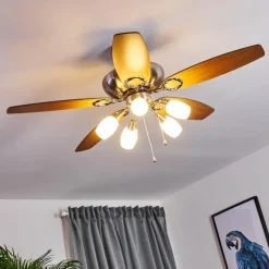 hofstein Ventilateur de plafond Irving Chrome, Gris, Bois clair, 5 lumières