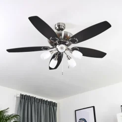 hofstein Ventilateur de plafond Irving Chrome, Gris, Bois clair, 5 lumières