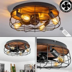 hofstein Ventilateur de plafond Moscavide Brun, Couleur bois, Noir, 4 lumières, Télécommandes