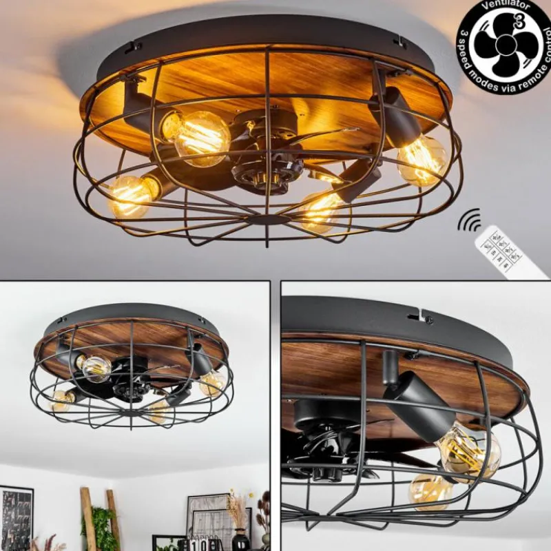 hofstein Ventilateur de plafond Moscavide Brun, Couleur bois, Noir, 4 lumières, Télécommandes