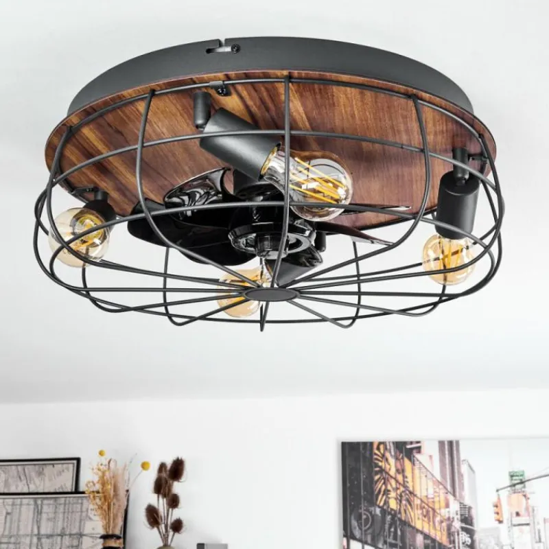 hofstein Ventilateur de plafond Moscavide Brun, Couleur bois, Noir, 4 lumières, Télécommandes