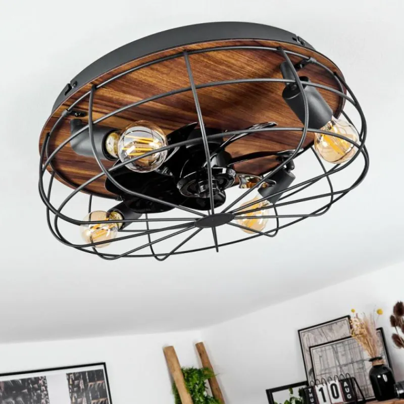 hofstein Ventilateur de plafond Moscavide Brun, Couleur bois, Noir, 4 lumières, Télécommandes