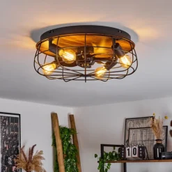 hofstein Ventilateur de plafond Moscavide Brun, Couleur bois, Noir, 4 lumières, Télécommandes