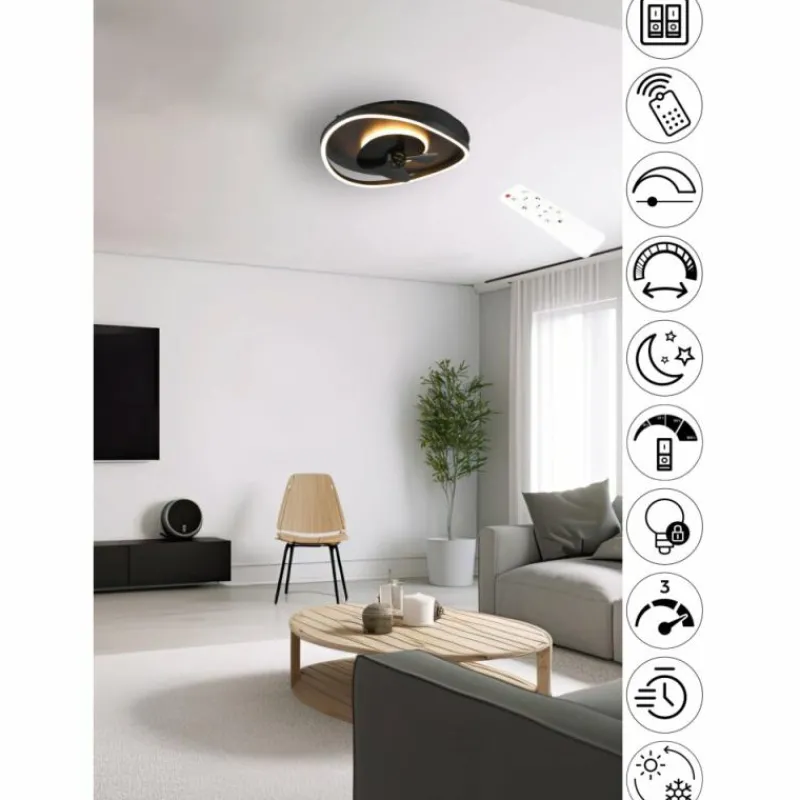 Luminaires Reality Ventilateur de plafond Reality SORTLAND LED Noir, 1 lumière, Télécommandes