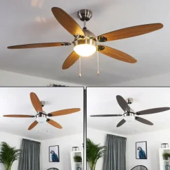 hofstein Ventilateur de plafond Valeria Chrome, Bois clair, Nickel mat, 1 lumière