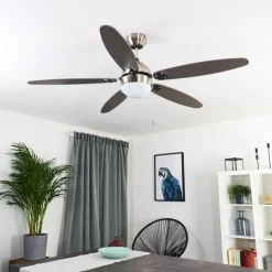 hofstein Ventilateur de plafond Valeria Chrome, Bois clair, Nickel mat, 1 lumière