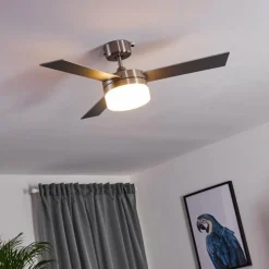 hofstein Ventilateur de plafond Vevey Bois clair, Nickel mat, Argenté, 2 lumières, Télécommandes